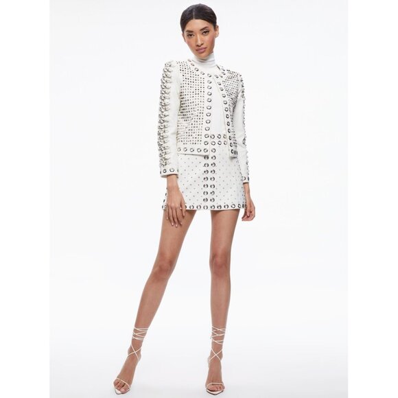 ALICE + OLIVIA Women's Kidman Embellished Leather Jacket Size S In White/Silver - Picture 3 of 14